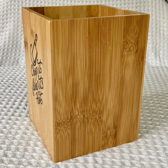 BAMBOO Kitchen Utensil Holder Chop it Like it's Hot 5" x 5" x 7" Tall - Picture 5 of 11